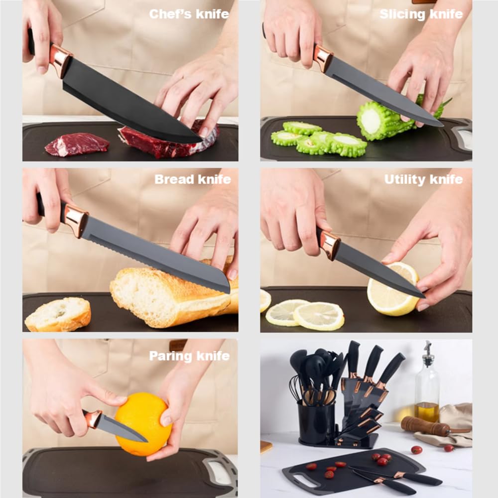 Kitchen Cooking Utensils Set, 19 pcs Non-Stick Silicone Cooking Utensils and Knife Sets with Holder,Ultra sharp Chef knives, Scissors and Cutting Board,Heat Resistant,Turner, Spatula,Wooden Handle