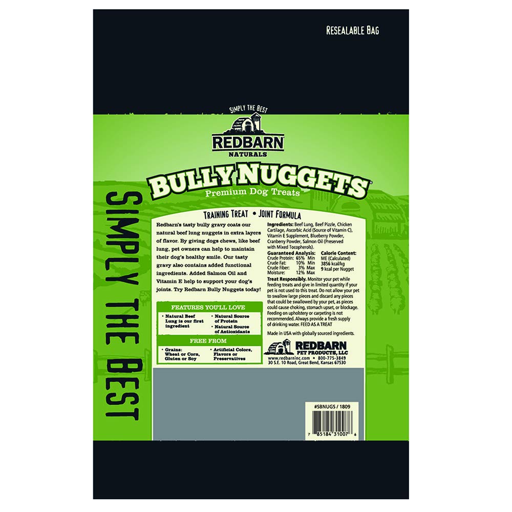 Redbarn Bully Nuggets Dog Treat | All-Natural, Highly Palatable Treats with Functional Ingredients | Beef Lung | Nutritious Training Treat, (Pack of 2)