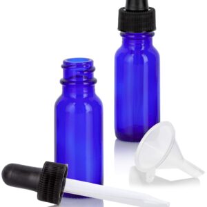 JUVITUS 0.5 oz / 15 ml Cobalt Blue Glass Boston Round Bottle with Black Dropper (2 Pack) + Funnel