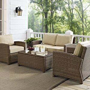 Crosley Furniture Bradenton 4-Piece Outdoor Loveseat Patio Furniture Set, Wicker Conversation Sets for Porch, Brown with Sand Cushions