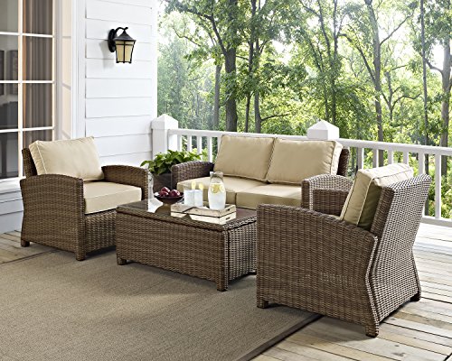 Crosley Furniture Bradenton 4-Piece Outdoor Loveseat Patio Furniture Set, Wicker Conversation Sets for Porch, Brown with Sand Cushions