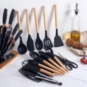 Kitchen Cooking Utensils Set, 19 pcs Non-Stick Silicone Cooking Utensils and Knife Sets with Holder,Ultra sharp Chef knives, Scissors and Cutting Board,Heat Resistant,Turner, Spatula,Wooden Handle