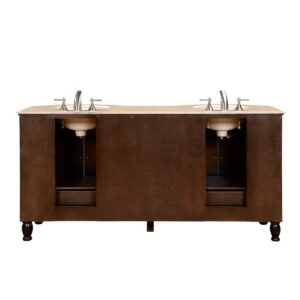 Silkroad Exclusive HYP-0717-CM-UWC-72 Cream Marfil Marble Stone Top Double Sink Bathroom Vanity with Cabinet, 72", Brown