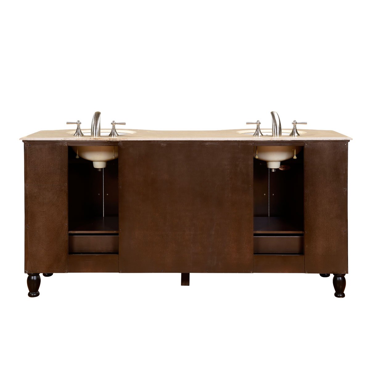 Silkroad Exclusive HYP-0717-CM-UWC-72 Cream Marfil Marble Stone Top Double Sink Bathroom Vanity with Cabinet, 72", Brown