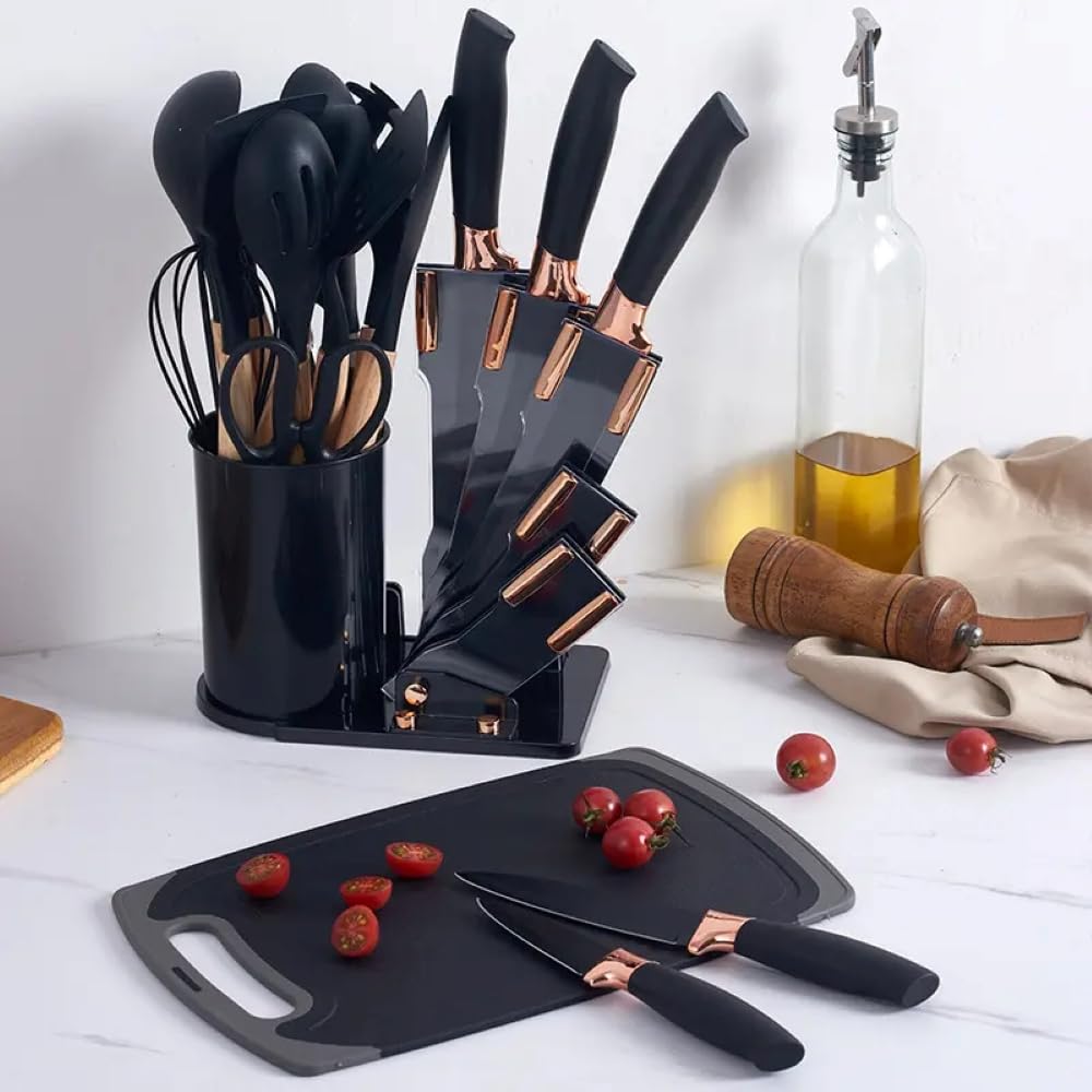 Kitchen Cooking Utensils Set, 19 pcs Non-Stick Silicone Cooking Utensils and Knife Sets with Holder,Ultra sharp Chef knives, Scissors and Cutting Board,Heat Resistant,Turner, Spatula,Wooden Handle