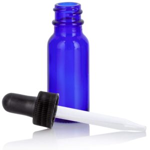 JUVITUS 0.5 oz / 15 ml Cobalt Blue Glass Boston Round Bottle with Black Dropper (2 Pack) + Funnel