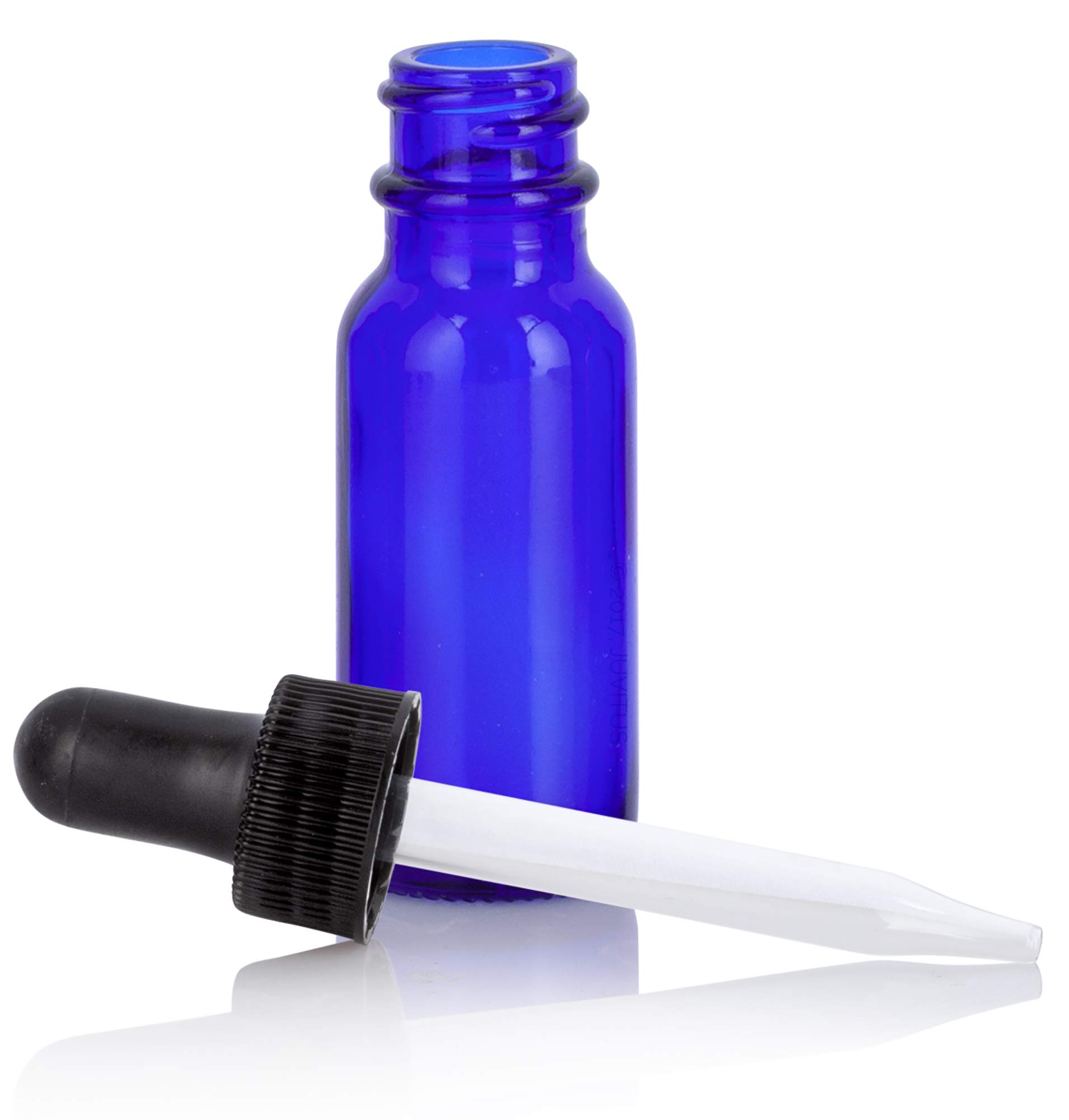 JUVITUS 0.5 oz / 15 ml Cobalt Blue Glass Boston Round Bottle with Black Dropper (2 Pack) + Funnel