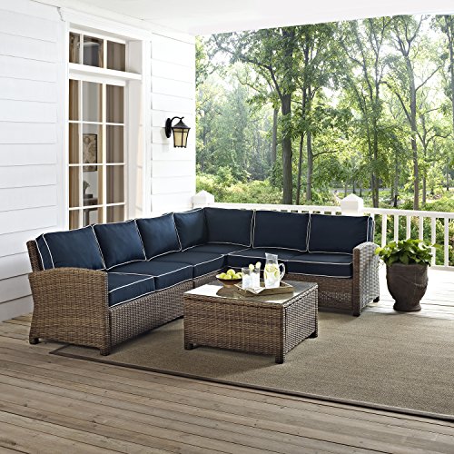 Crosley Furniture Bradenton 5-Piece Outdoor Sectional Sofa Wicker Conversation Patio Furniture Set for Deck, Brown with Navy Cushions