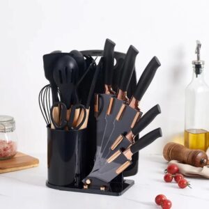 Kitchen Cooking Utensils Set, 19 pcs Non-Stick Silicone Cooking Utensils and Knife Sets with Holder,Ultra sharp Chef knives, Scissors and Cutting Board,Heat Resistant,Turner, Spatula,Wooden Handle