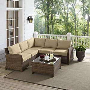 Crosley Furniture Bradenton 4-Piece Outdoor Sectional Sofa Wicker Conversation Patio Furniture Set for Deck, Brown with Sand Cushions