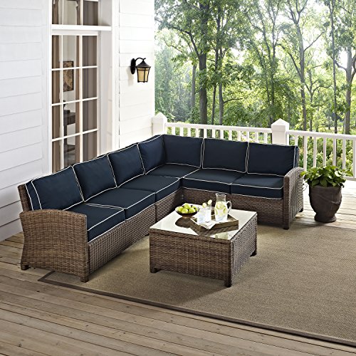 Crosley Furniture Bradenton 5-Piece Outdoor Sectional Sofa Wicker Conversation Patio Furniture Set for Deck, Brown with Navy Cushions