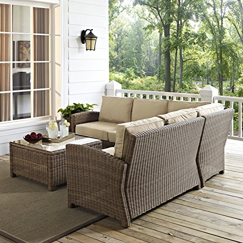 Crosley Furniture Bradenton 4-Piece Outdoor Sectional Sofa Wicker Conversation Patio Furniture Set for Deck, Brown with Sand Cushions