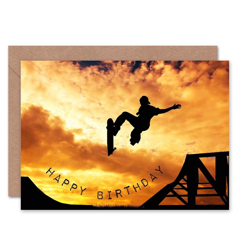 Wee Blue Coo HAPPY BIRTHDAY SKATEBOARD RAMP SUNSET PHOTO BLANK GREETINGS CARD