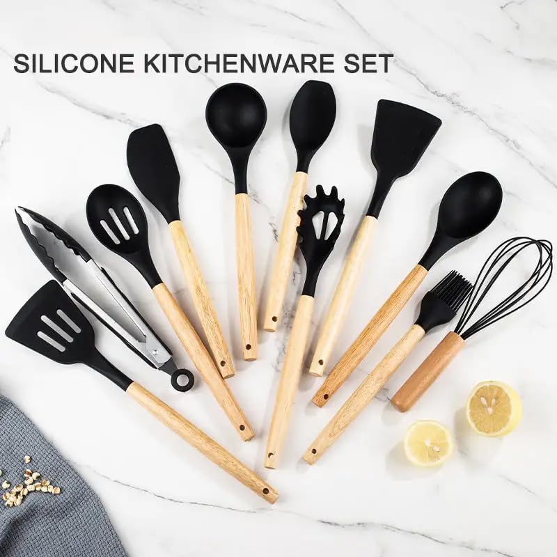 Kitchen Cooking Utensils Set, 19 pcs Non-Stick Silicone Cooking Utensils and Knife Sets with Holder,Ultra sharp Chef knives, Scissors and Cutting Board,Heat Resistant,Turner, Spatula,Wooden Handle