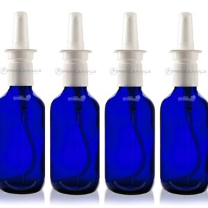 2 OZ Blue Boston Round Glass Bottle - W/Nasal SPRAYERS- Pack of 6