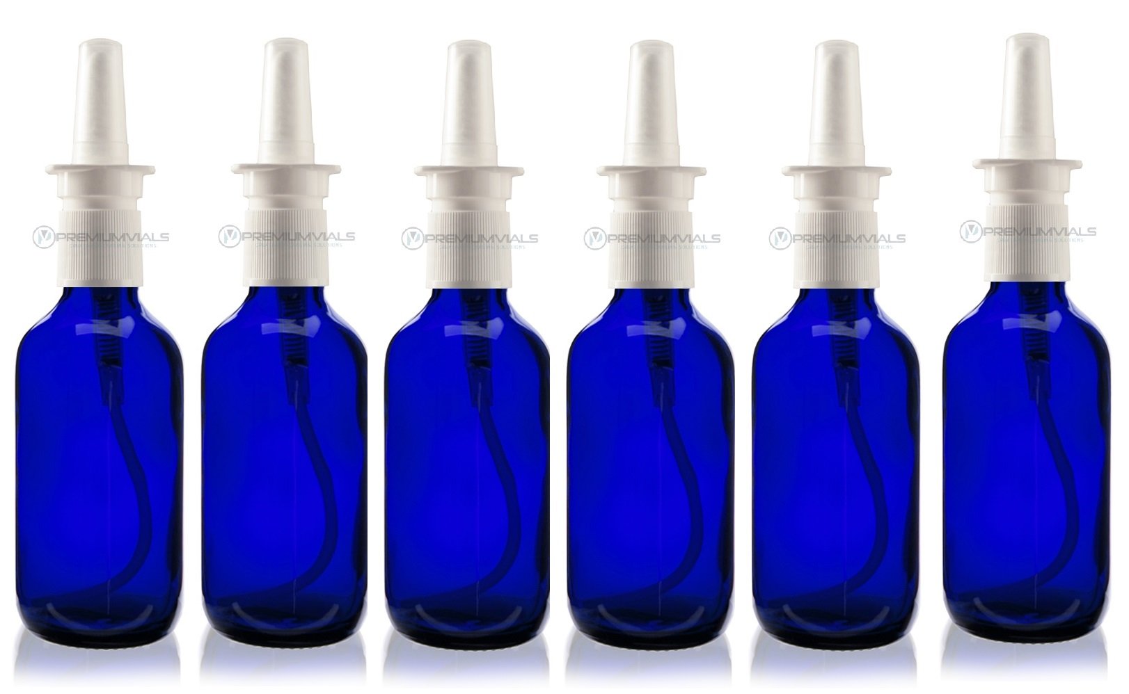 2 OZ Blue Boston Round Glass Bottle - W/Nasal SPRAYERS- Pack of 6