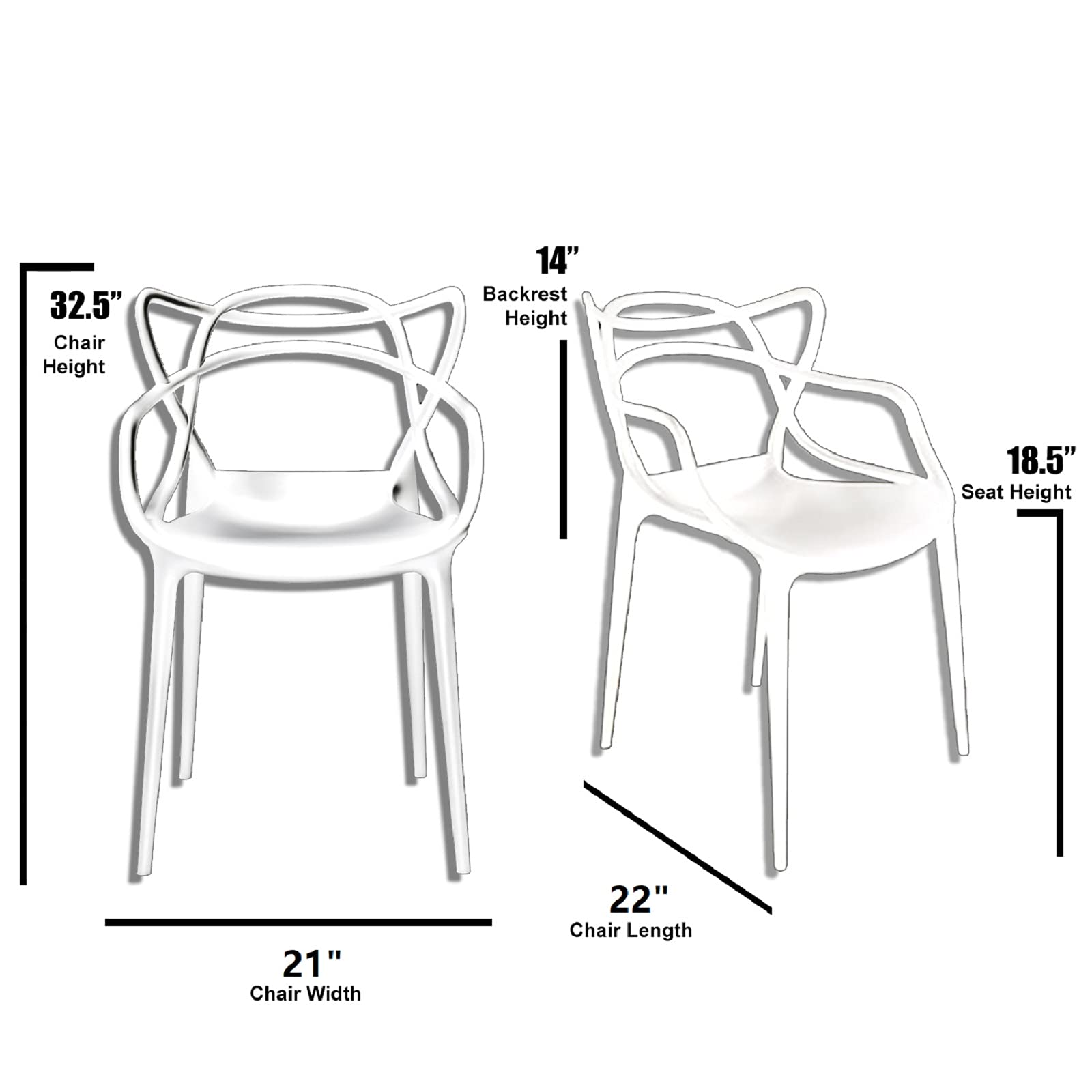 2xhome Set of 2 Stackable Contemporary Modern Designer Plastic Dining Chairs, Open Back Chairs for Indoor or Outdoor Use, White