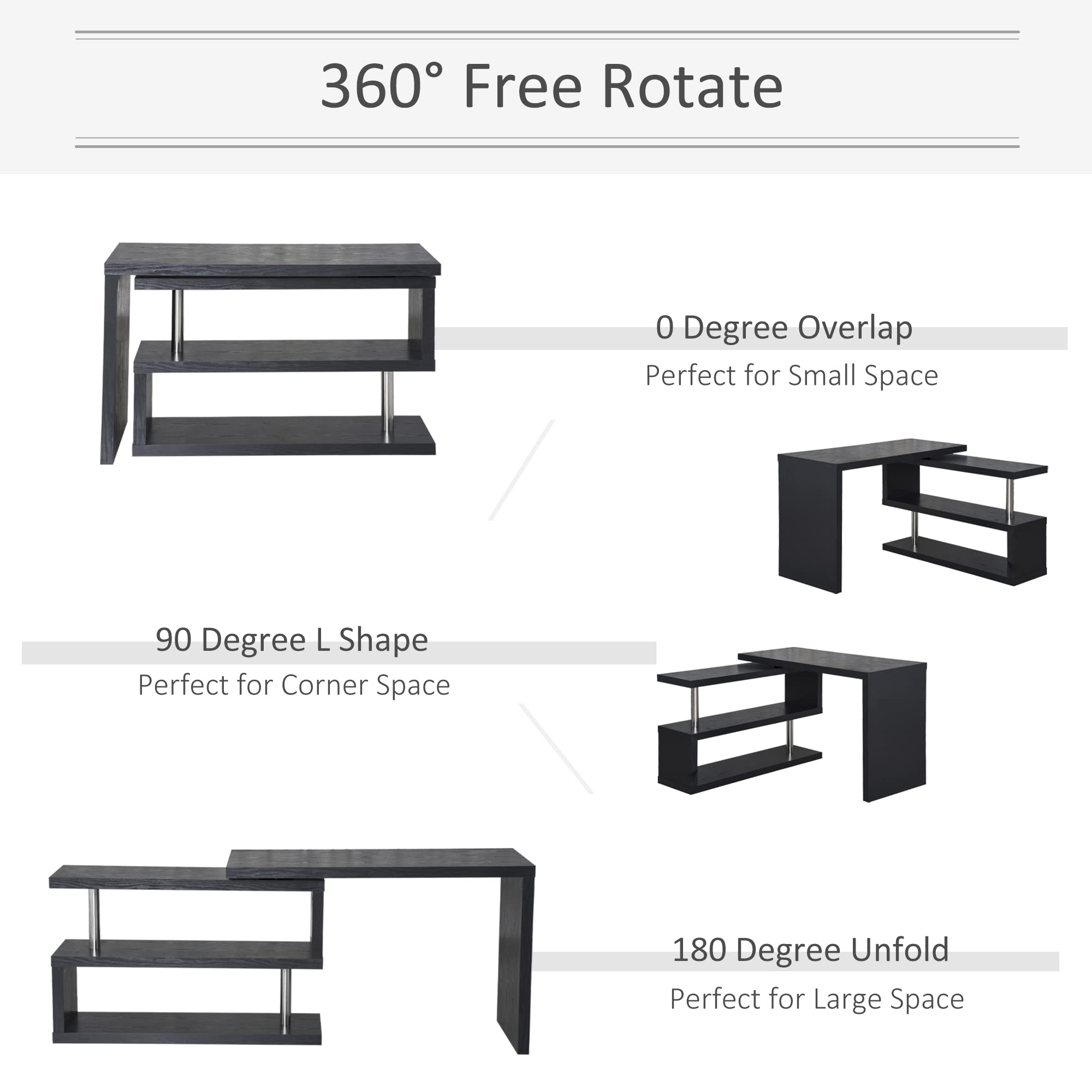 HOMCOM 360 Degree Rotating Corner Computer Desk, L Shaped Desk, Home Office Workstation with 3-Tier Storage Shelves, Black