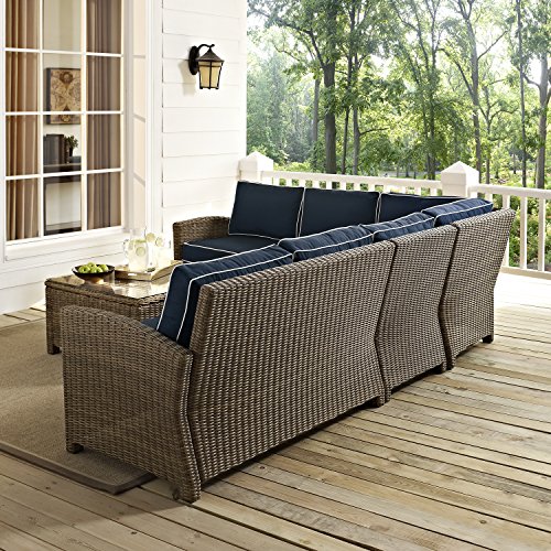 Crosley Furniture Bradenton 5-Piece Outdoor Sectional Sofa Wicker Conversation Patio Furniture Set for Deck, Brown with Navy Cushions