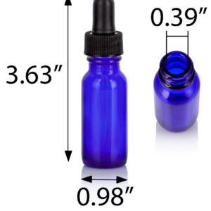 JUVITUS 0.5 oz / 15 ml Cobalt Blue Glass Boston Round Bottle with Black Dropper (2 Pack) + Funnel