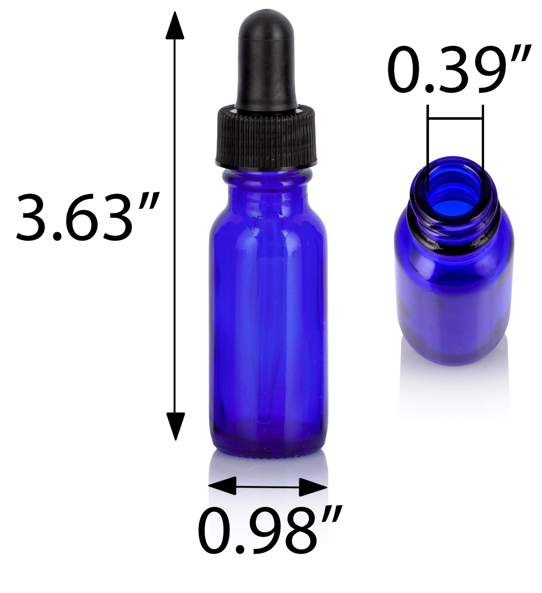 JUVITUS 0.5 oz / 15 ml Cobalt Blue Glass Boston Round Bottle with Black Dropper (2 Pack) + Funnel