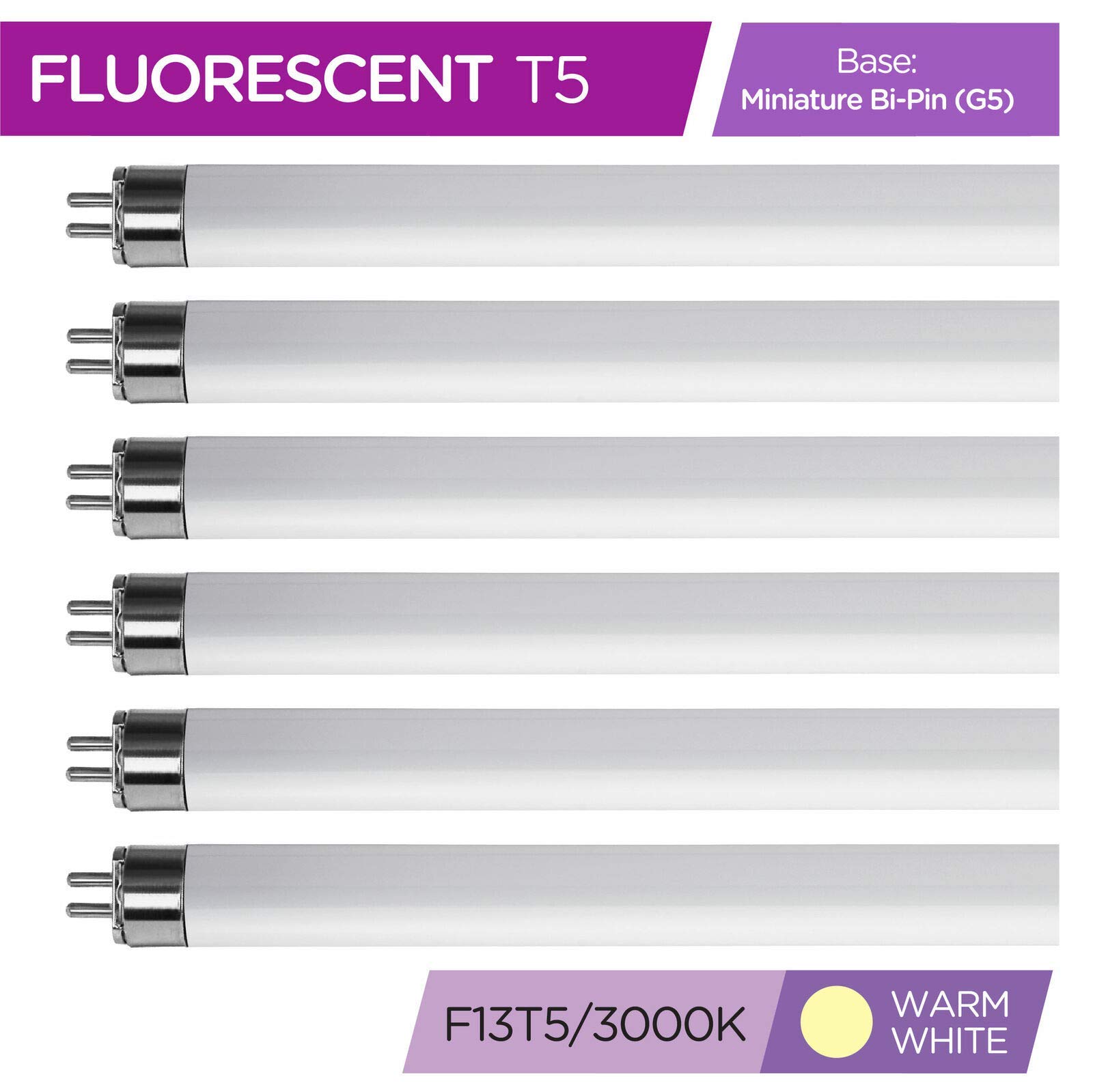 F13T5WW – T5 21 Inch Under Counter Fluorescent Bulbs Warm White 3000K 13-Watt F13T5/WW 21” WW Long Life Replacement Tubes for Under Cabinet Lights – Pack of 6 Bulbs