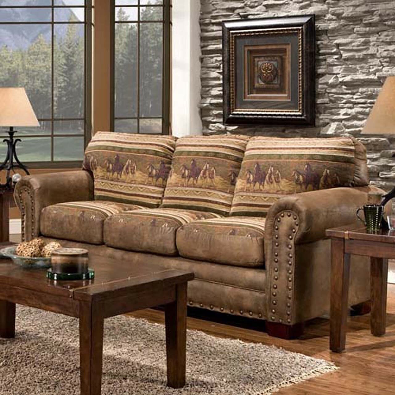 American Furniture Classics Model 8505-40 Wild Horses Sleeper Sofa Sofabed, Queen, Brown