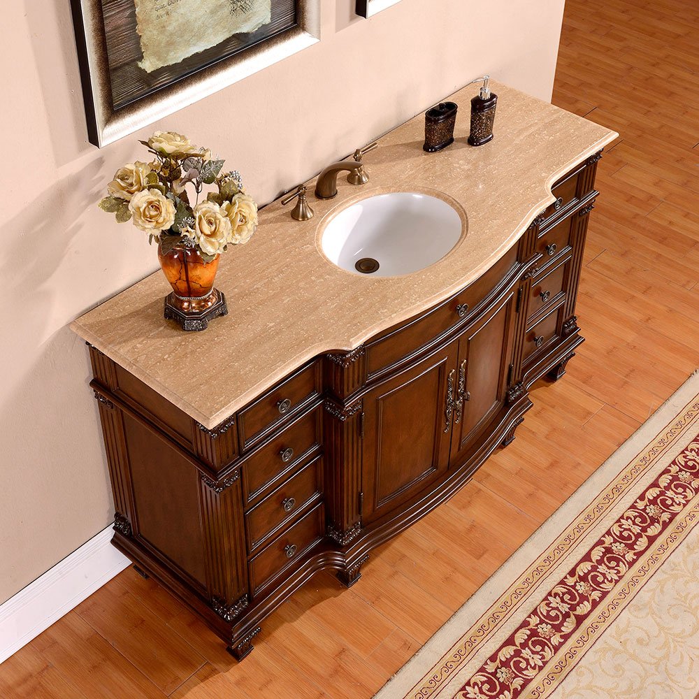 Silkroad Exclusive HYP-0277-T-UWC-60 Gorgeous Travertine Ceramic Top Single Sink Bathroom Vanity with Cabinet, 60", Brown