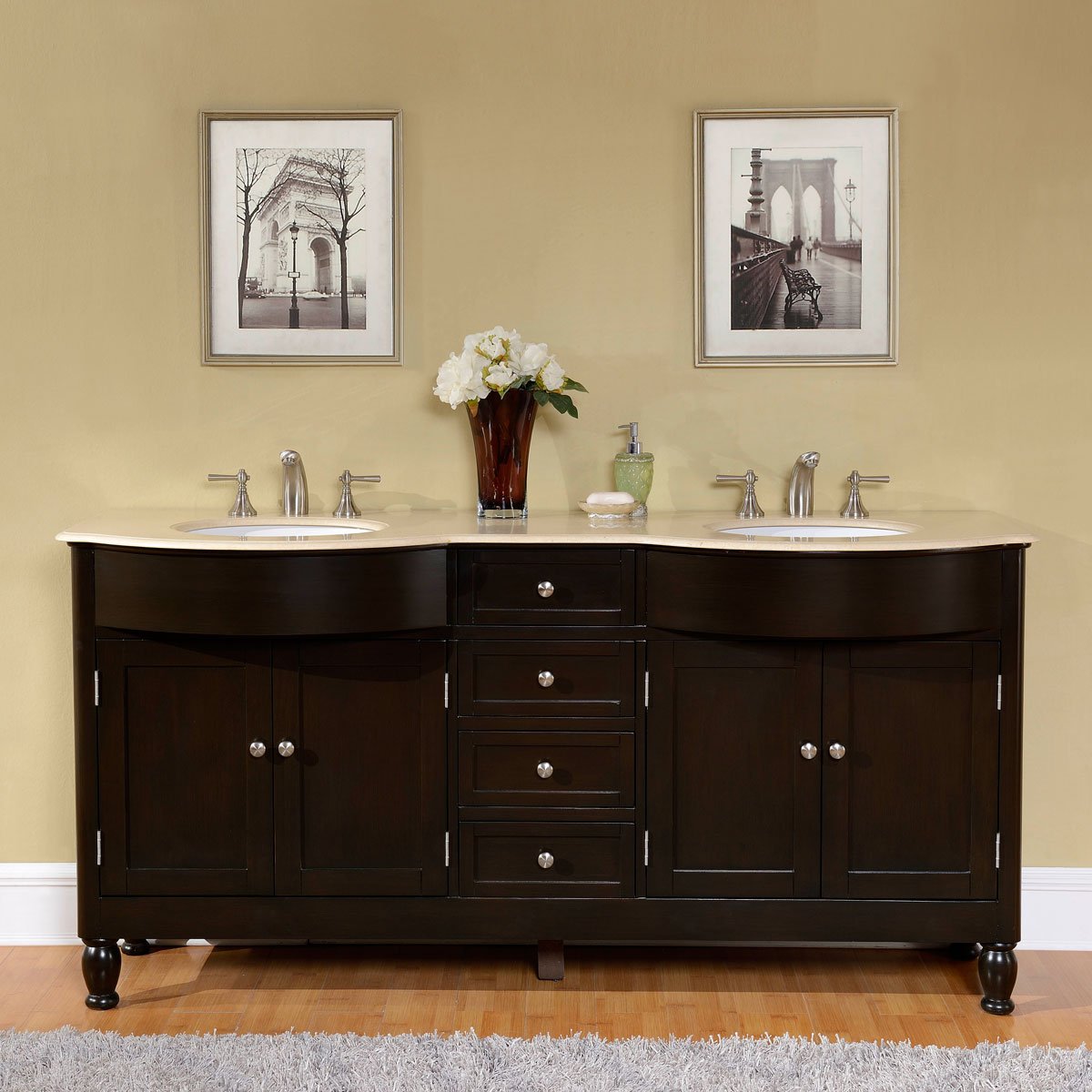 Silkroad Exclusive HYP-0717-CM-UWC-72 Cream Marfil Marble Stone Top Double Sink Bathroom Vanity with Cabinet, 72", Brown