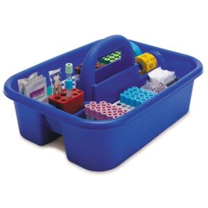 large phlebotomy tote blue with bin cups, tube racks, and red tube holder