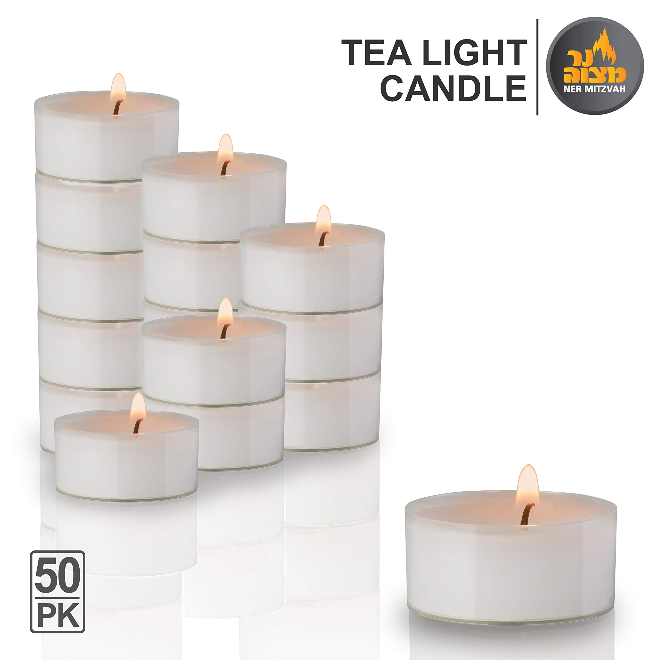 Ner Mitzvah Tea Light Candles - 50 Bulk Pack - White Unscented Tealight Candles in Clear Cup - Long Burning - 4.5 Hour