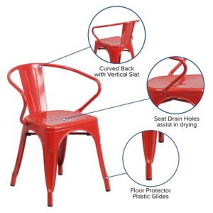 Flash Furniture Luna Commercial Grade Red Metal Indoor-Outdoor Chair with Arms