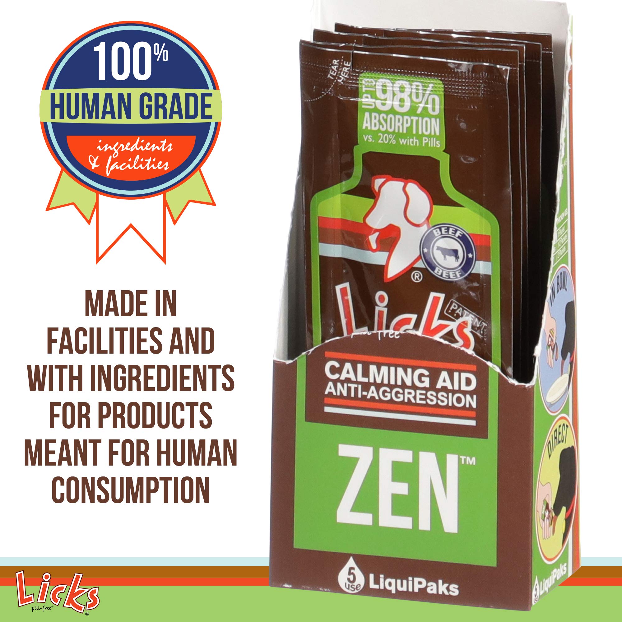 Licks Pill Free Zen Dog Calming - Calming Aid Supplements for Aggressive Behavior and Nervousness - Calming Dog Treats for Stress Relief & Dog Health - Gel Packets - Braised Beef Flavor, 5 Use