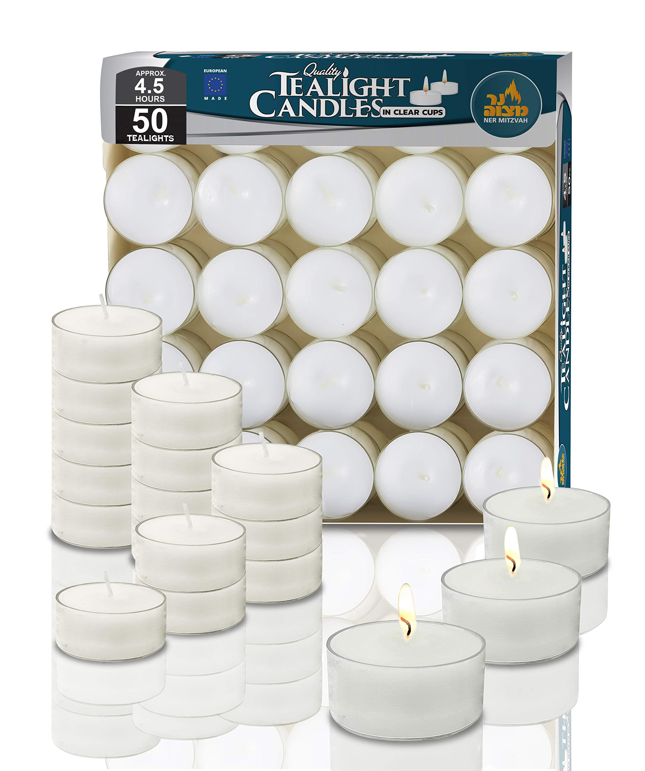 Ner Mitzvah Tea Light Candles - 50 Bulk Pack - White Unscented Tealight Candles in Clear Cup - Long Burning - 4.5 Hour