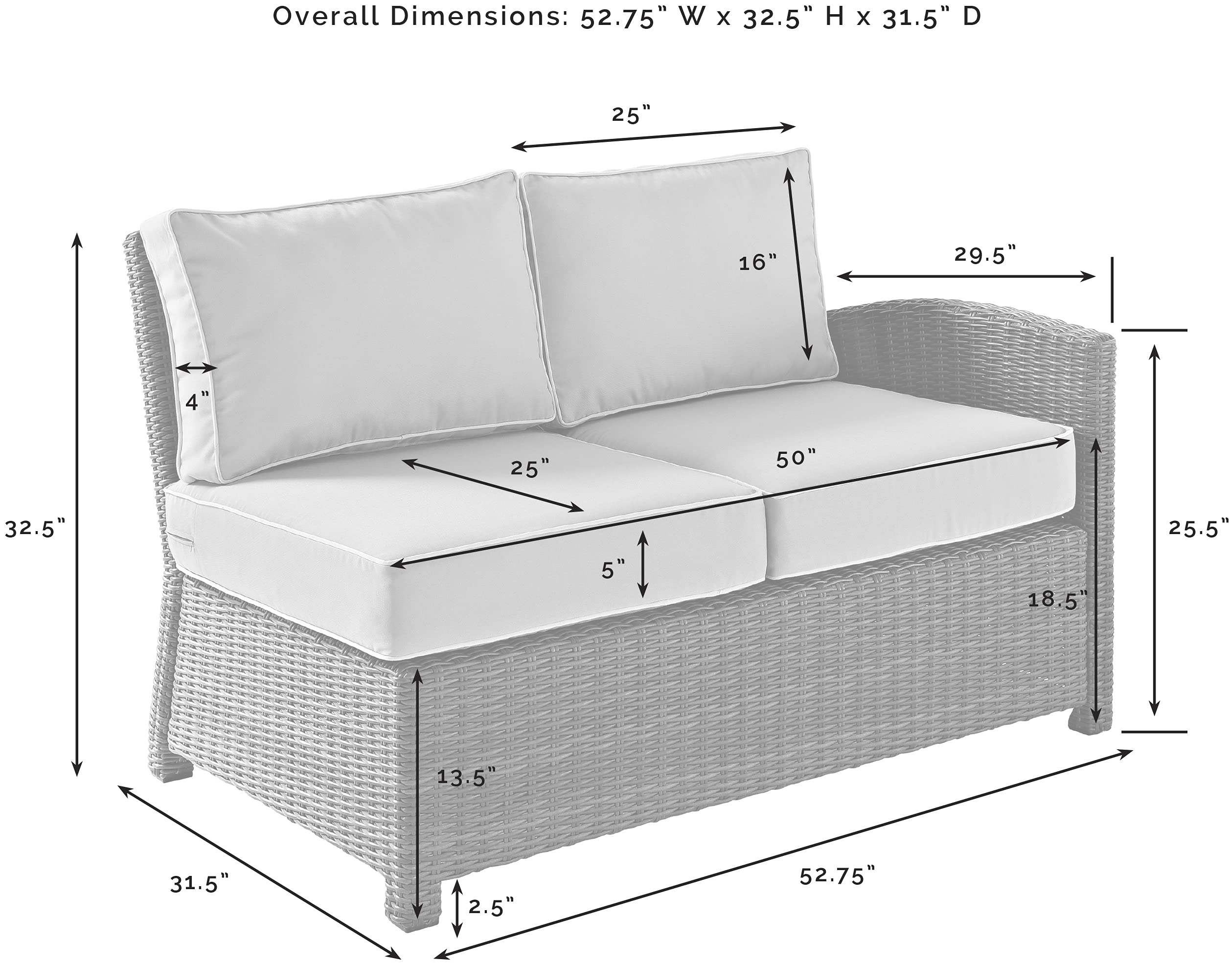 Crosley Furniture Bradenton Outdoor Sectional Right Side Loveseat, 2-Person Wicker Patio Couch for Deck, Brown with Sand Cushions