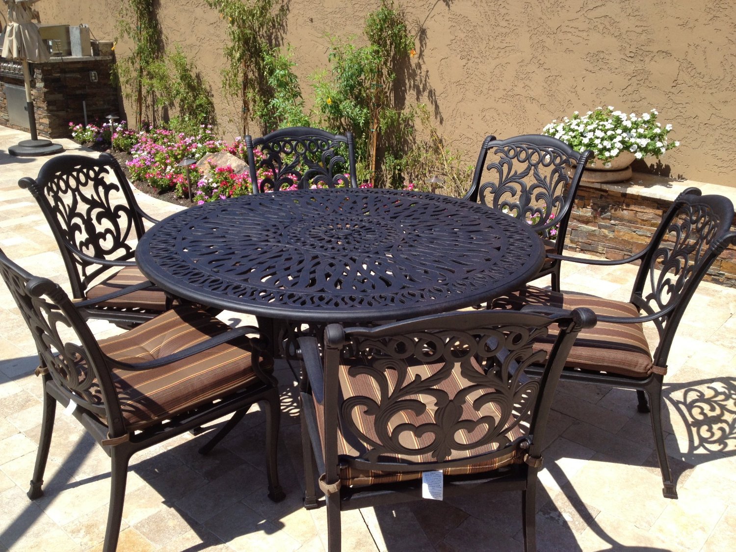 Mandalay Outdoor Patio 7pc Dining Table Dark Bronze Color Cast Aluminum (Walnut)