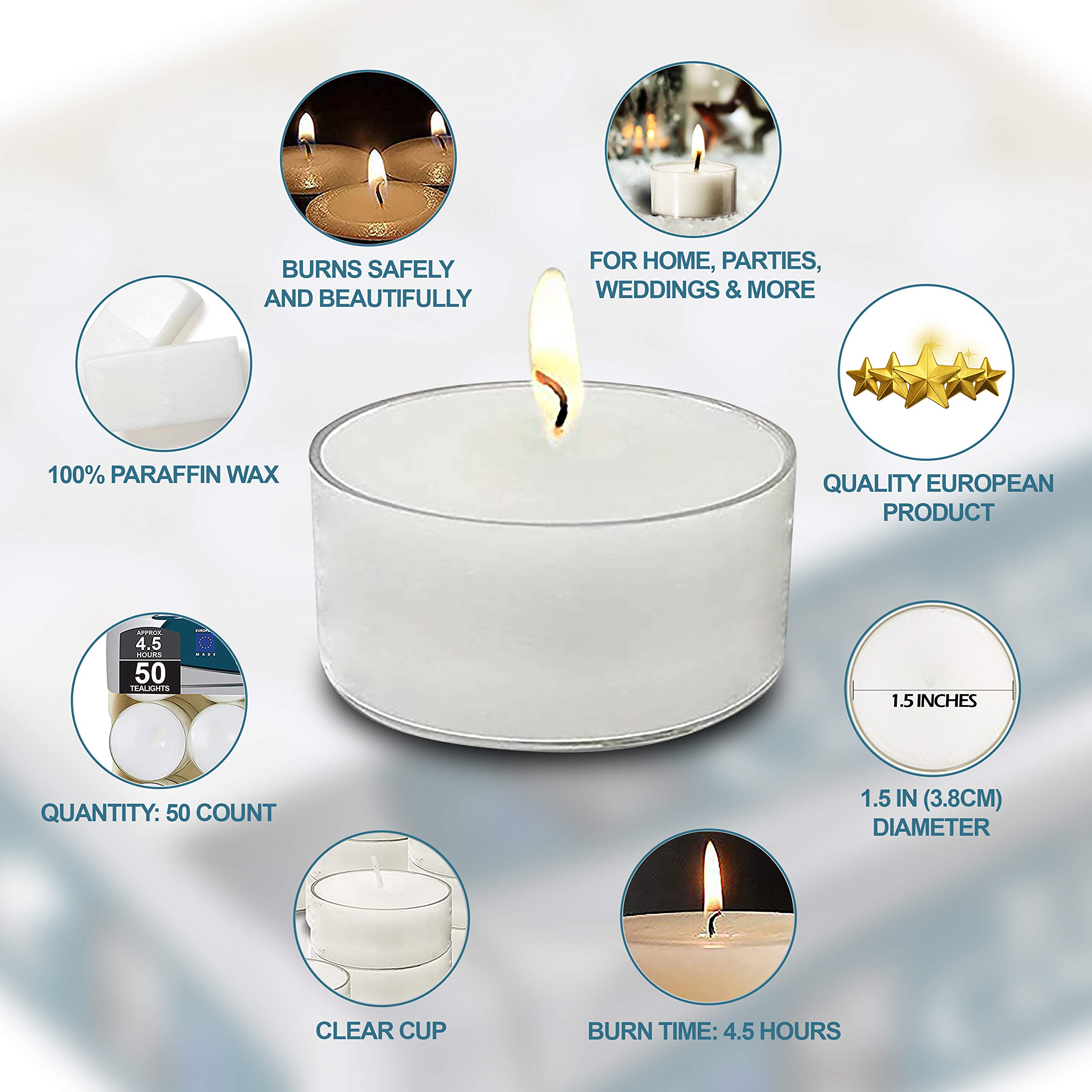 Ner Mitzvah Tea Light Candles - 50 Bulk Pack - White Unscented Tealight Candles in Clear Cup - Long Burning - 4.5 Hour