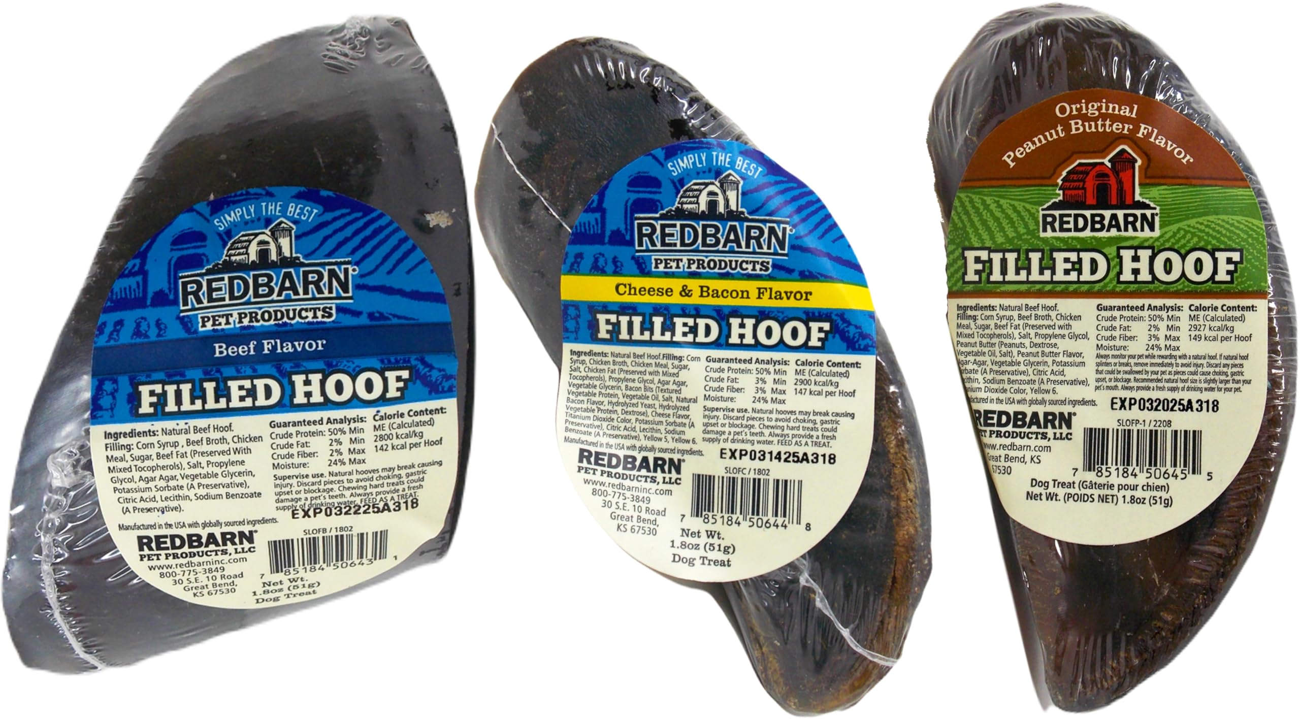 Redbarn Filled Hooves 3 Flavor Variety Bundle, (1) Each: Peanut Butter Flavor, Cheese & Bacon Flavor, Beefy Flavor