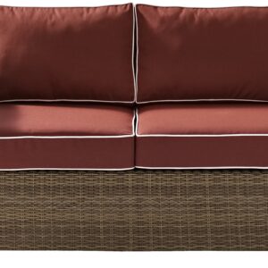 Crosley Furniture Bradenton Wicker Outdoor Loveseat, 2-Person Patio Couch for Porch, Deck, Backyard, Brown with Sangria Cushions