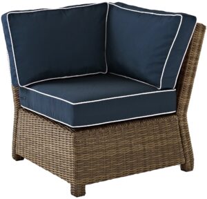 crosley furniture bradenton corner outdoor sectional chair, wicker patio chairs for porch, deck, backyard, brown with navy cushions