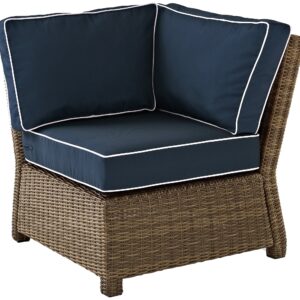 Crosley Furniture Bradenton Corner Outdoor Sectional Chair, Wicker Patio Chairs for Porch, Deck, Backyard, Brown with Navy Cushions