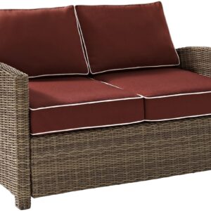 Crosley Furniture Bradenton Wicker Outdoor Loveseat, 2-Person Patio Couch for Porch, Deck, Backyard, Brown with Sangria Cushions