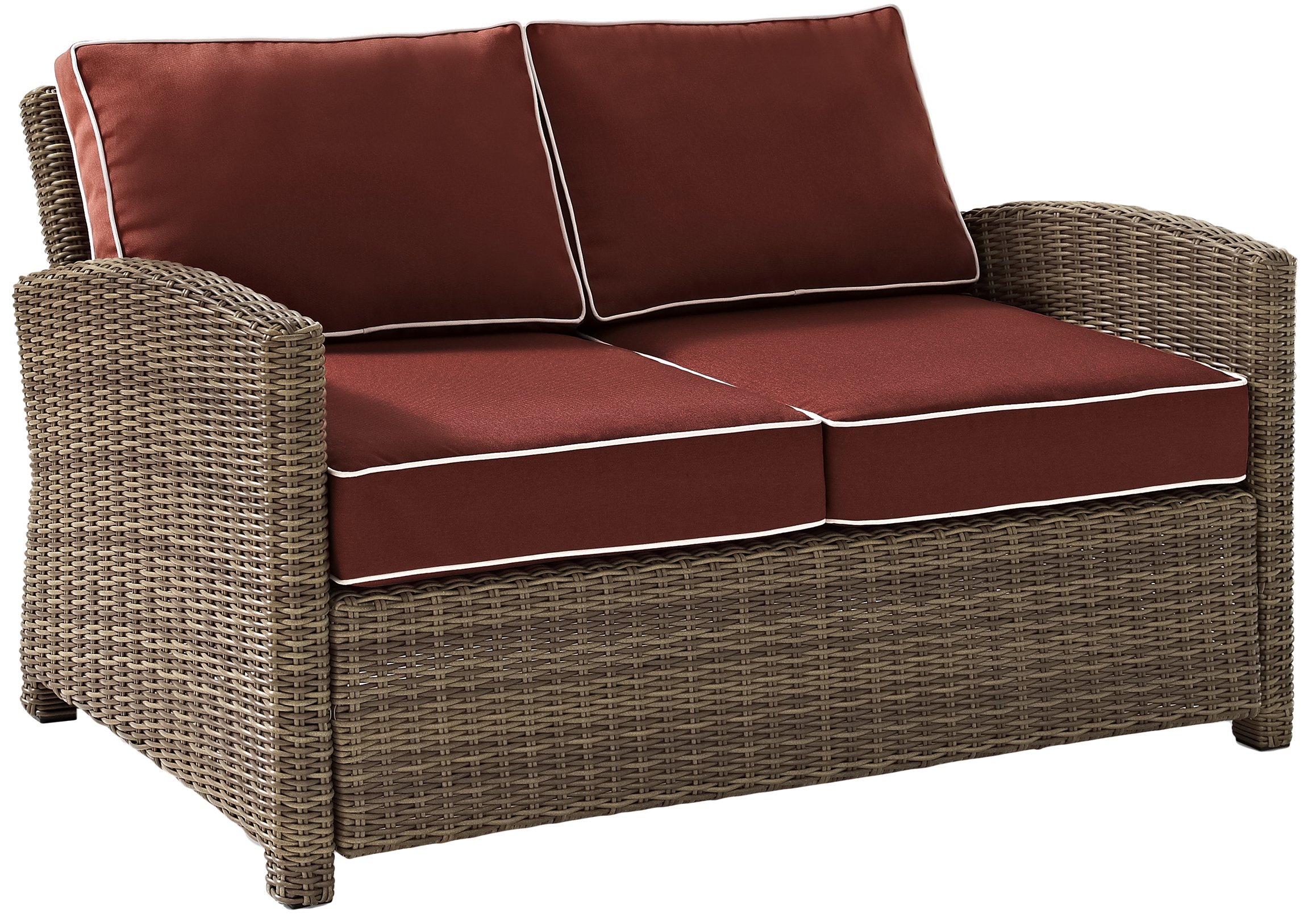 Crosley Furniture Bradenton Wicker Outdoor Loveseat, 2-Person Patio Couch for Porch, Deck, Backyard, Brown with Sangria Cushions