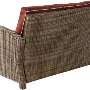 Crosley Furniture Bradenton Wicker Outdoor Loveseat, 2-Person Patio Couch for Porch, Deck, Backyard, Brown with Sangria Cushions