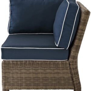 Crosley Furniture Bradenton Corner Outdoor Sectional Chair, Wicker Patio Chairs for Porch, Deck, Backyard, Brown with Navy Cushions