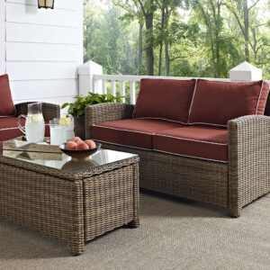 Crosley Furniture Bradenton Wicker Outdoor Loveseat, 2-Person Patio Couch for Porch, Deck, Backyard, Brown with Sangria Cushions