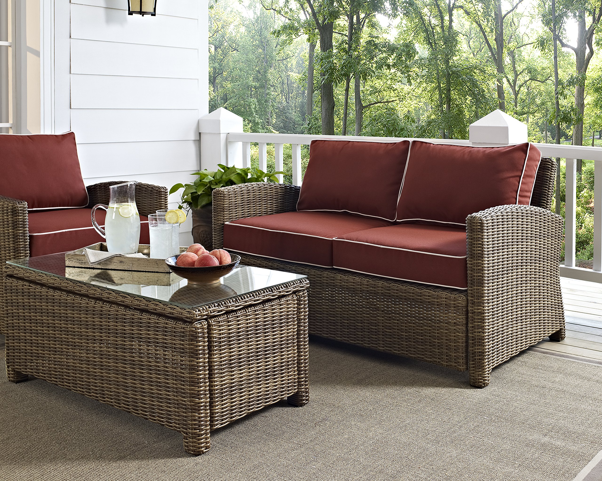 Crosley Furniture Bradenton Wicker Outdoor Loveseat, 2-Person Patio Couch for Porch, Deck, Backyard, Brown with Sangria Cushions