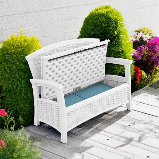 Suncast Elements Stylish Lightweight Loveseat Outdoor Seating with Convenient Built In Universal Storage, and All Weather Plastic, White