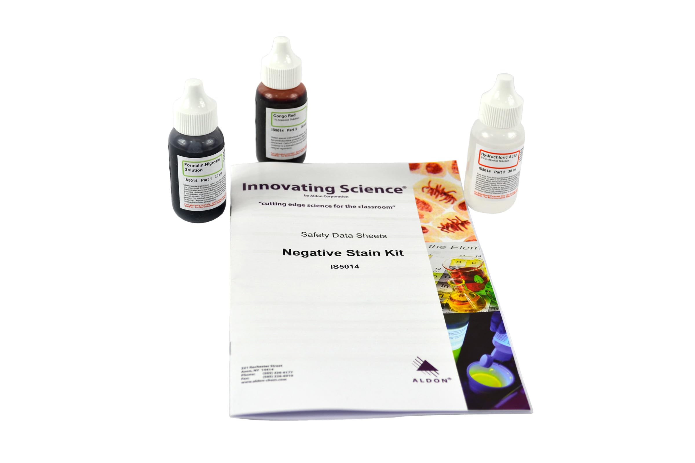 ALDON Innovating Science Negative Stain Kit - Set of 3 30mL Microscope Stains - Congo Red, Hydrochloric Acid, Formalin Nigrosin Solution