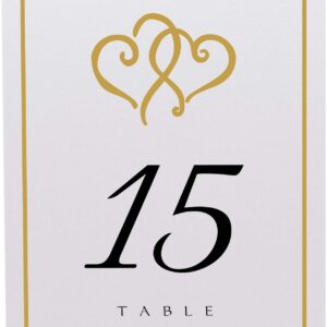 Linked Hearts and Border Wedding Table Numbers (Select Color/Quantity), White, Gold, 1-10, Double Sided, Tent or Use in a Stand, Great for Parties & Restaurants